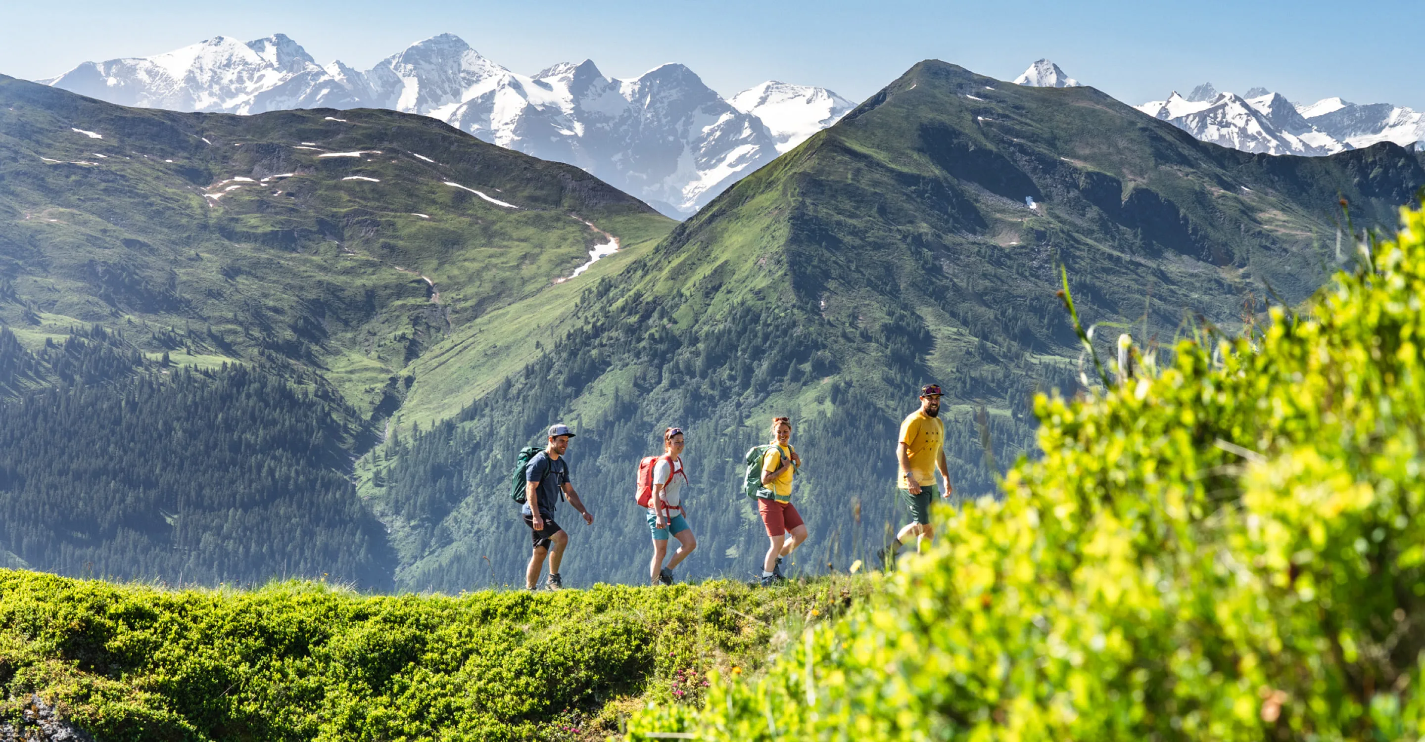 Wanderer bei sonnigem Wetter in den Bergen von Saalbach-Hinterglemm